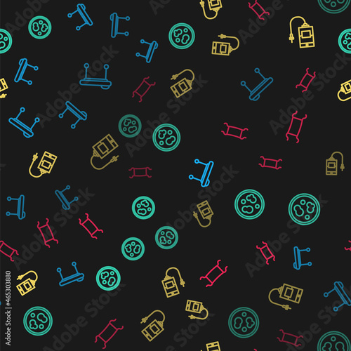 Set line Stretcher, Petri dish with bacteria, IV bag and Medical protective mask on seamless pattern. Vector