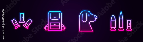 Set line Cartridges, Hiking backpack, Dog and Bullet and cartridge. Glowing neon icon. Vector