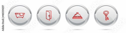 Set line Bathtub, Closed door, Hotel service bell and House key. Silver circle button. Vector