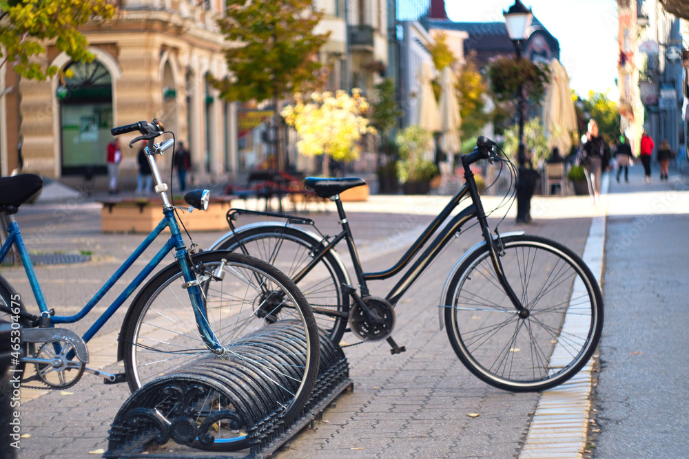 Sunny morning and vintage bicycles on the street of historic Subotica city in Vojvodina, Serbia