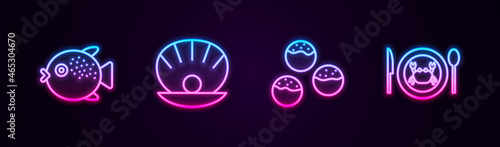 Set line Puffer fish, Shell with pearl, Takoyaki and Served crab on plate. Glowing neon icon. Vector