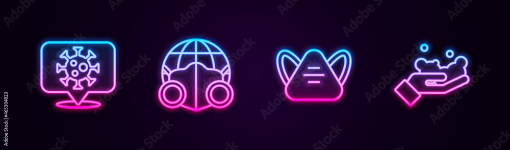 Set line Corona virus on location, Earth with medical mask, Medical protective and Washing hands soap. Glowing neon icon. Vector Set line Corona virus on location, Earth with medical mask, Medical protective and Washing hands soap. Glowing neon icon. Vector