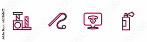 Set line Cat scratching post, nose, Pet cat toy and shampoo icon. Vector