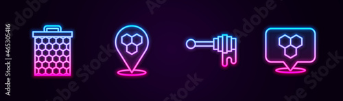 Set line Honeycomb, bee location, dipper stick with honey and . Glowing neon icon. Vector