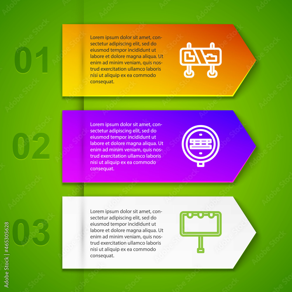 Set line Road traffic sign, Railroad crossing and Billboard with lights. Business infographic template. Vector Set line Road traffic sign, Railroad crossing and Billboard with lights. Business infographic template. Vector