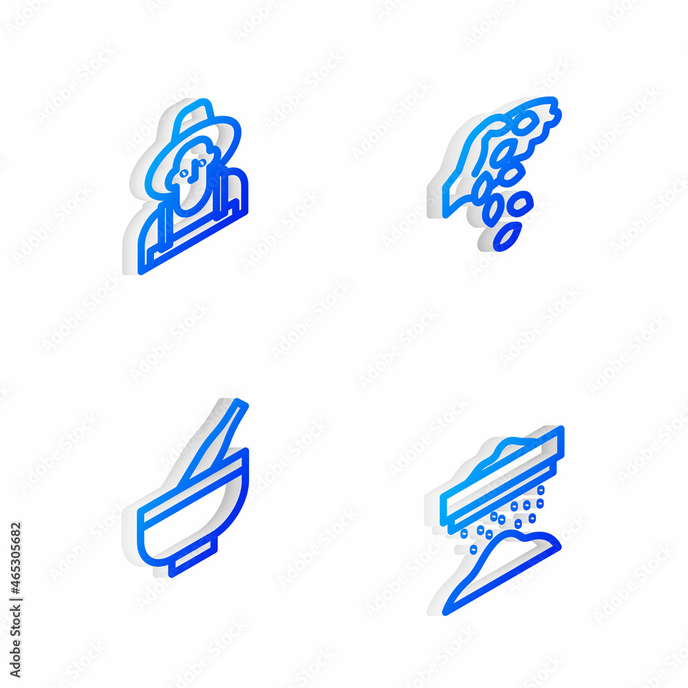 Set Isometric line Seed, Farmer in the hat, Mortar and pestle and Sifting flour icon. Vector Set Isometric line Seed, Farmer in the hat, Mortar and pestle and Sifting flour icon. Vector