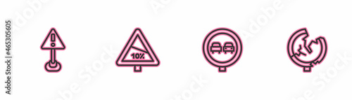 Set line Exclamation mark in triangle, No overtaking road traffic, Steep ascent and descent and Road sign icon. Vector