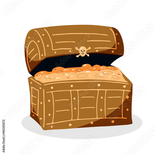 Hand drawn pirate chest with gold, coins and jewelry. Search for treasure and treasure, adventure concept design. Vector illustration