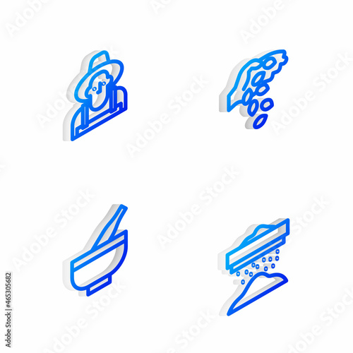 Set Isometric line Seed, Farmer in the hat, Mortar and pestle and Sifting flour icon. Vector