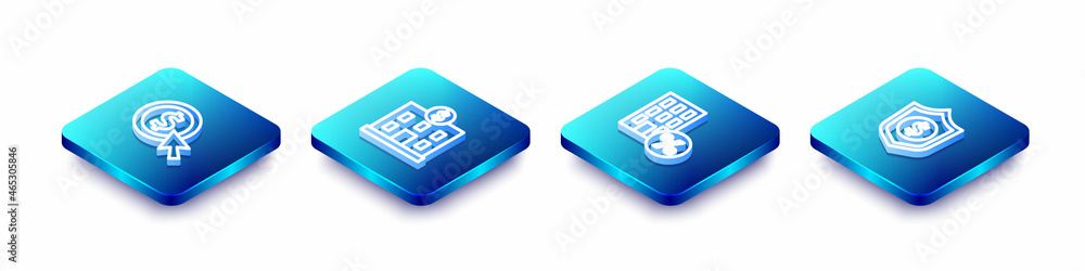 Set Isometric line Coin money with dollar, Bank building, House percant discount and Shield icon. Vector Set Isometric line Coin money with dollar, Bank building, House percant discount and Shield icon. Vector