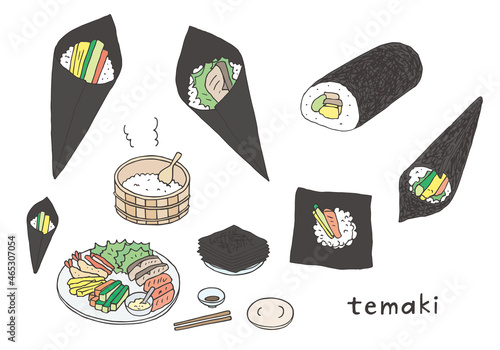 手巻き寿司の手描きイラストセット（カラー）