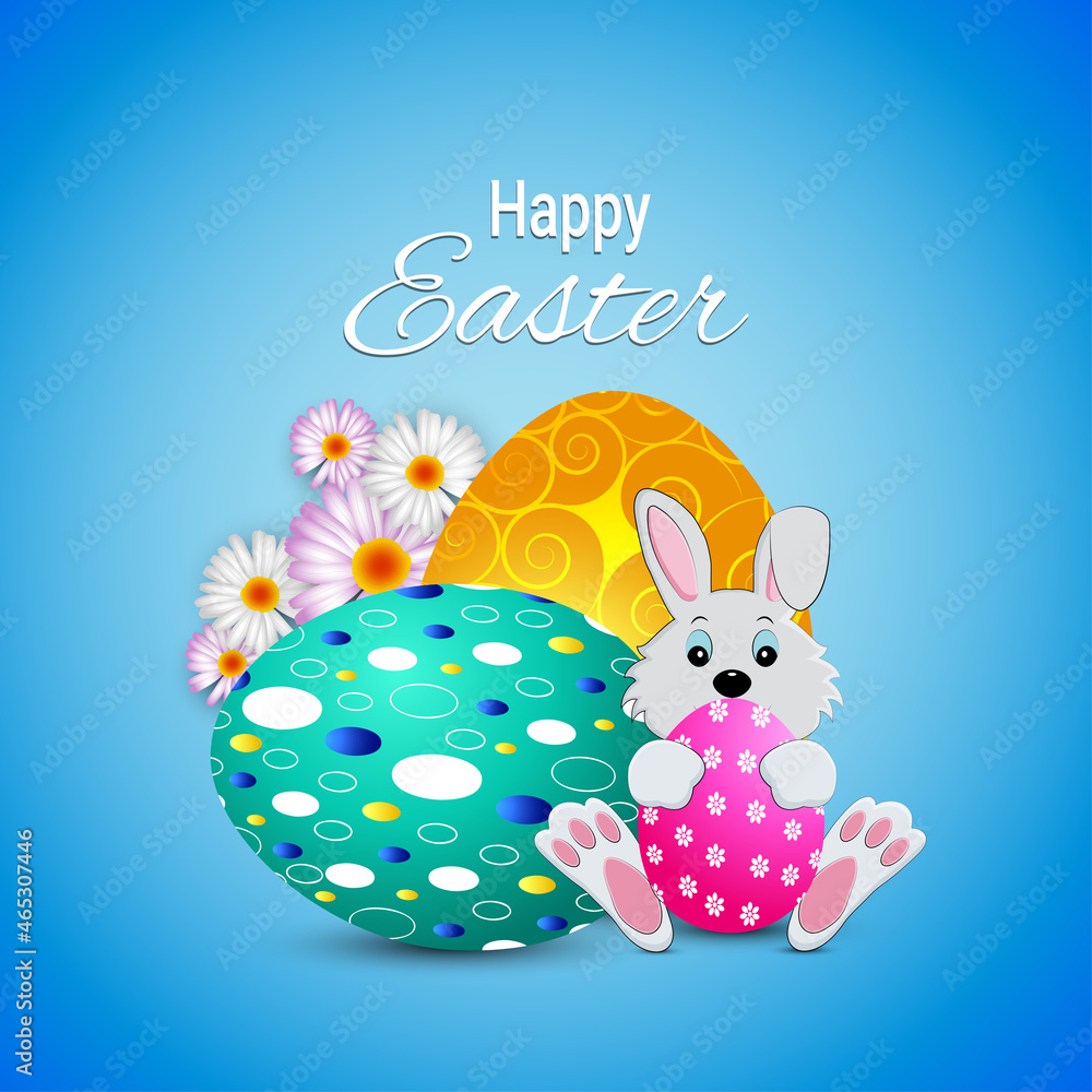 Easter day greeting card with colorful painted egg and cute bunny Easter day greeting card with colorful painted egg and cute bunny