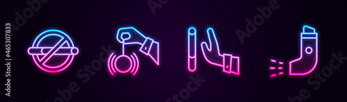 Set line No smoking, Hypnosis, Giving up cigarette and Inhaler. Glowing neon icon. Vector