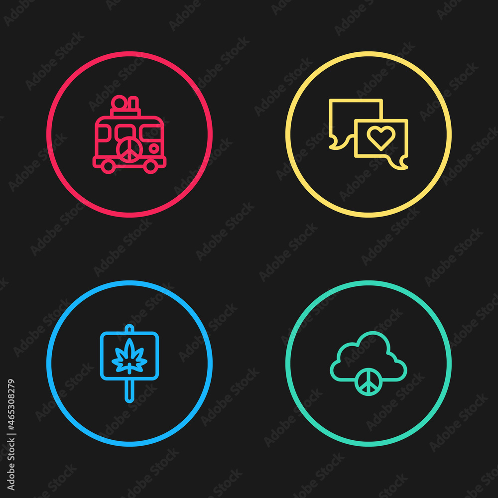 Set line Marijuana, Peace cloud, Speech bubble chat and Hippie camper van icon. Vector Set line Marijuana, Peace cloud, Speech bubble chat and Hippie camper van icon. Vector