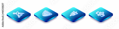 Set Isometric line Sword with blood, Shield, Pirate flag and Christian cross icon. Vector