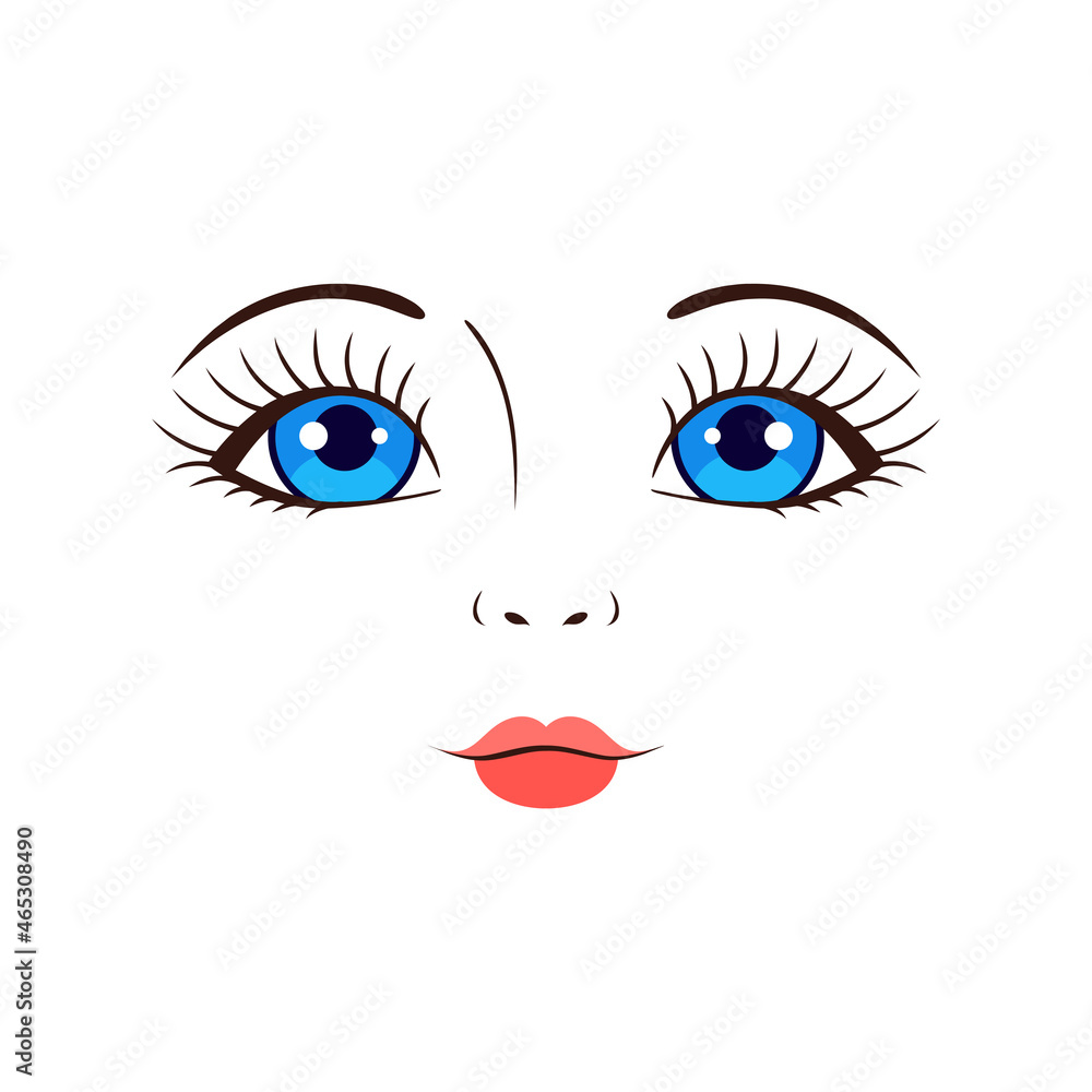 Beautiful Matryoshka Face. Face of a Russian Doll. Female Character has Blue Eyes, Red Lips and Black Eyelashes. Cute Color Cartoon Kawaii Lady-Baby. White background. Vector stock illustration. Beautiful Matryoshka Face. Face of a Russian Doll. Female Character has Blue Eyes, Red Lips and Black Eyelashes. Cute Color Cartoon Kawaii Lady-Baby. White background. Vector stock illustration.