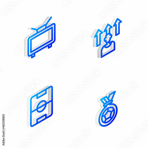 Set Isometric line Football or soccer player, match on TV, field and medal icon. Vector