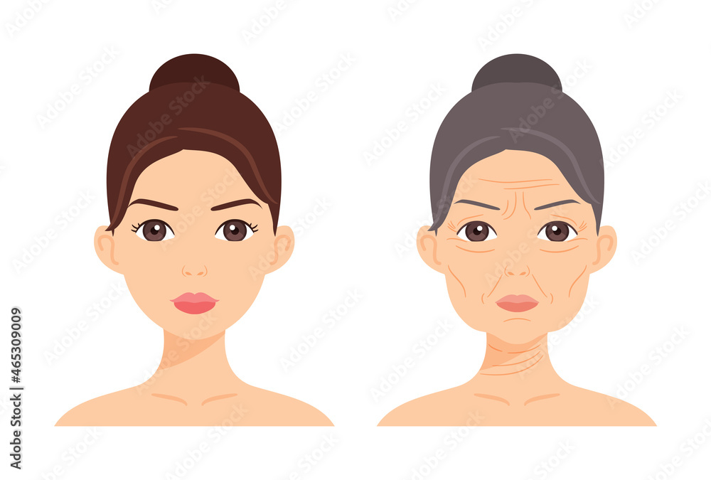 Isolated Portrait of Nude Young Woman and Beautiful Old Lady. Elderly Mother, Naked Adult Daughter. Aging and Youth on Female Face. Color Cartoon style. Illustration for Beauty, Medical Design. Vector Isolated Portrait of Nude Young Woman and Beautiful Old Lady. Elderly Mother, Naked Adult Daughter. Aging and Youth on Female Face. Color Cartoon style. Illustration for Beauty, Medical Design. Vector