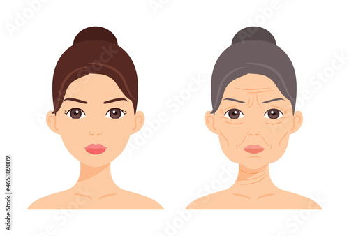 Isolated Portrait of Nude Young Woman and Beautiful Old Lady. Elderly Mother, Naked Adult Daughter. Aging and Youth on Female Face. Color Cartoon style. Illustration for Beauty, Medical Design. Vector