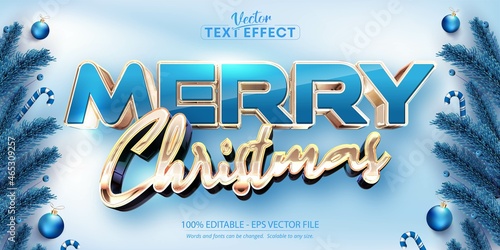 Merry christmas text, shiny rose gold style editable text effect on cold blue background