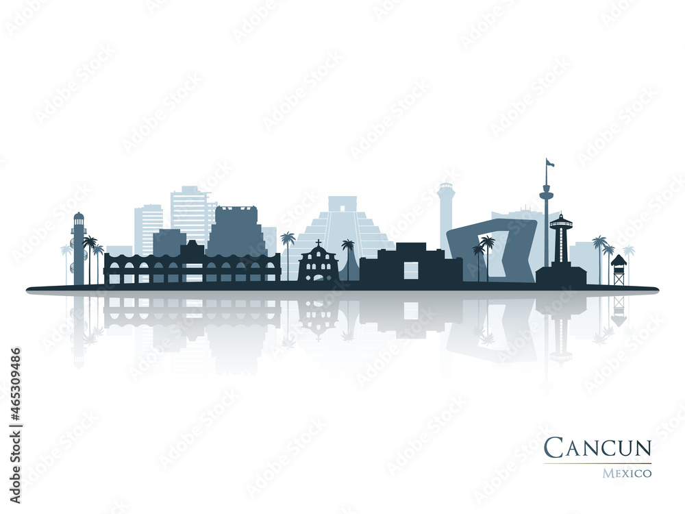 Cancun skyline silhouette with reflection. Landscape Cancun, Mexico. Vector illustration.