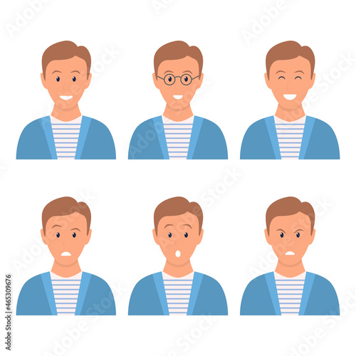 Man with different face emotions set. Guy face expression collection. Cartoon male character portraits. Vector isolated on white