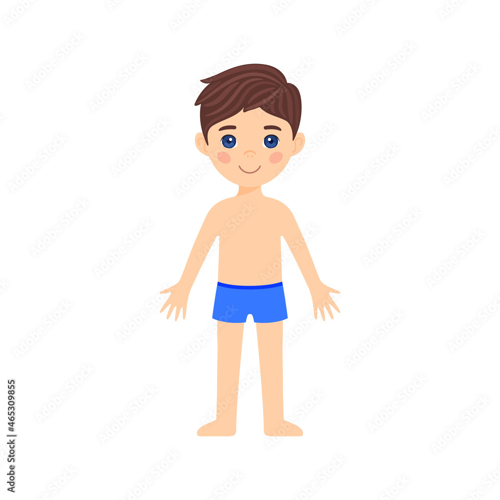 Funny Cartoon Little Child. Happy Schoolboy is Standing in Underwear and Swimming Trunks. Character with Blue Eyes and Brown Hair. Smile on a child's Face. Template. White background. Vector image. Funny Cartoon Little Child. Happy Schoolboy is Standing in Underwear and Swimming Trunks. Character with Blue Eyes and Brown Hair. Smile on a child's Face. Template. White background. Vector image.