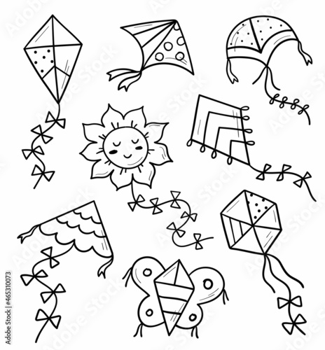 Hand drawn flying kites set. Doodle sketch. Different kite types and shapes. Vector illustration.