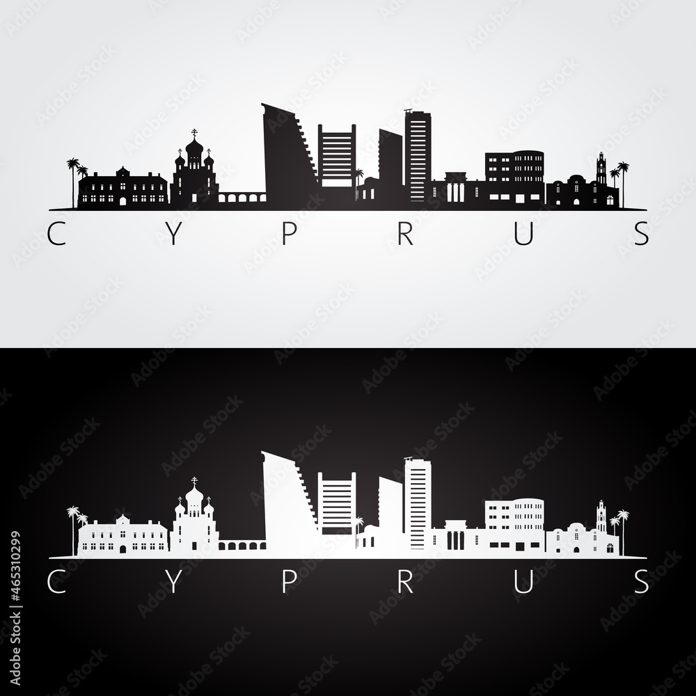 Cyprus skyline and landmarks silhouette, black and white design, vector illustration.