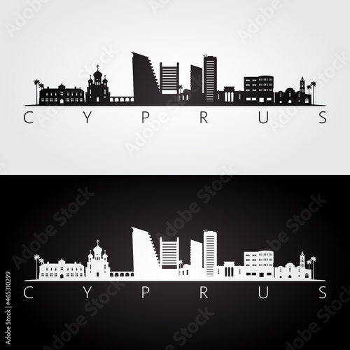 Cyprus skyline and landmarks silhouette, black and white design, vector illustration.