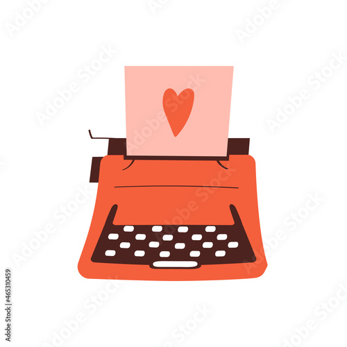 Red typewriter with love letter. Saint Valentine's Day mail. Romantic object. Love element. Vector illustration in cartoon style. Isolated on white background.