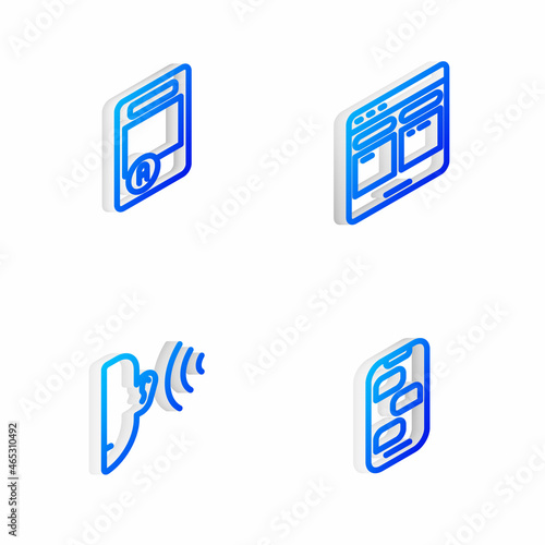 Set Isometric line Online translator, Exam sheet with A plus grade, Ear listen sound signal and New chat messages notification icon. Vector © vector_v