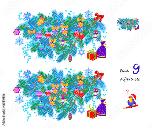 Find 9 differences. Illustration of Christmas decoration. Logic puzzle game for children and adults. Page for kids brain teaser book. Developing counting skills. IQ test. Play online.