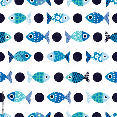 Cute fish and polka dots. Kids background. Seamless pattern. Can be used in textile industry, paper, background, scrapbooking.