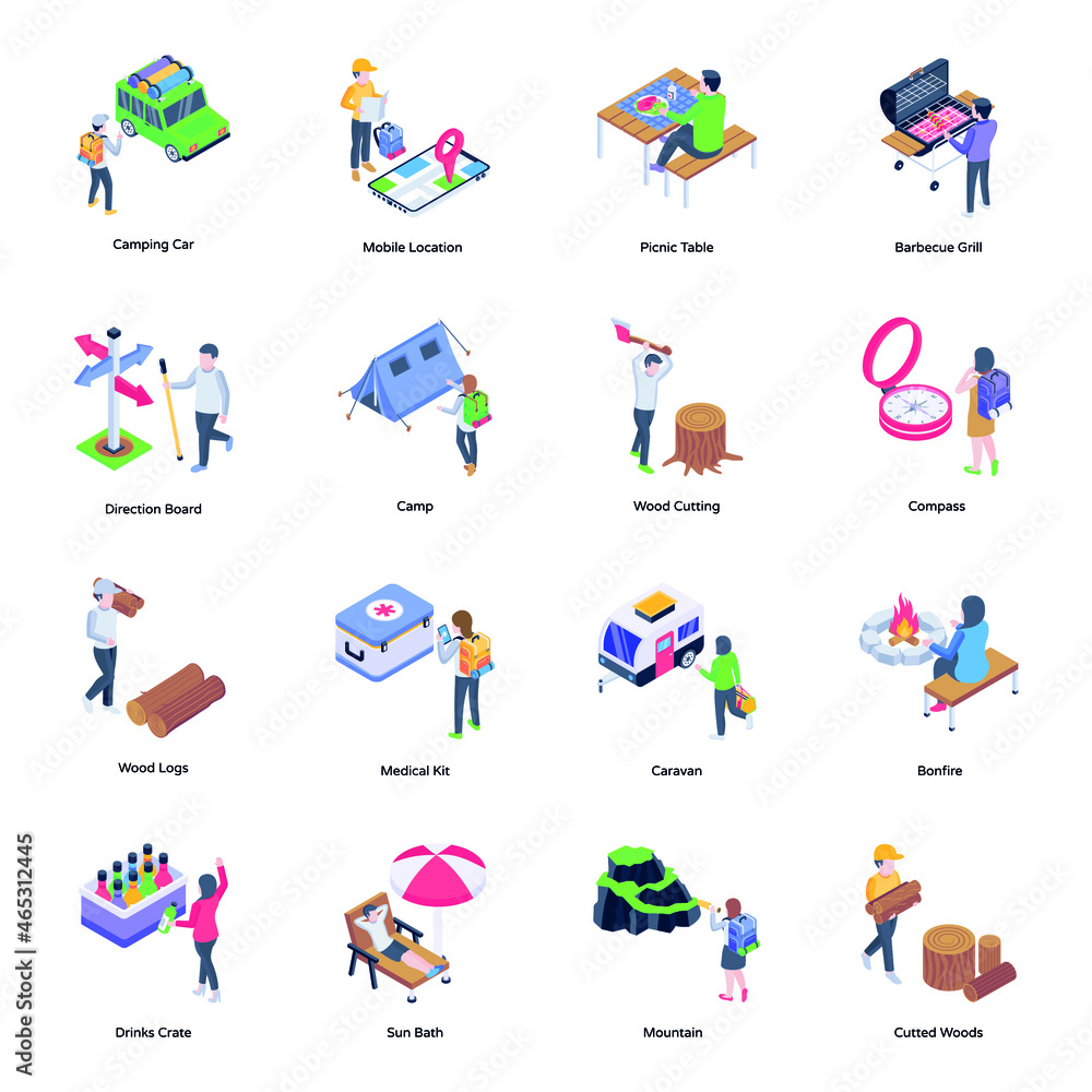 Fototapeta premium Collection of Camping Isometric Icons 