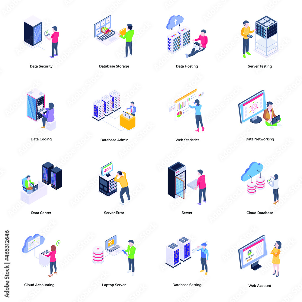 Fototapeta premium Collection of Data Services Isometric Icons 