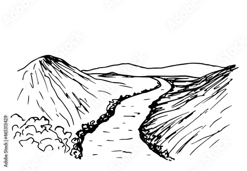 Simple hand-drawn vector black and white sketch. Mountain landscape, river valley, gorge. Nature, tourism and travel. Ink drawing.