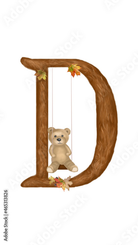 Letter D font. The original autumn alphabet for kids with a wonderful teddy bear, which learns the letters with the baby. Great choice for holiday decorations, cards, presentations or textbook photo