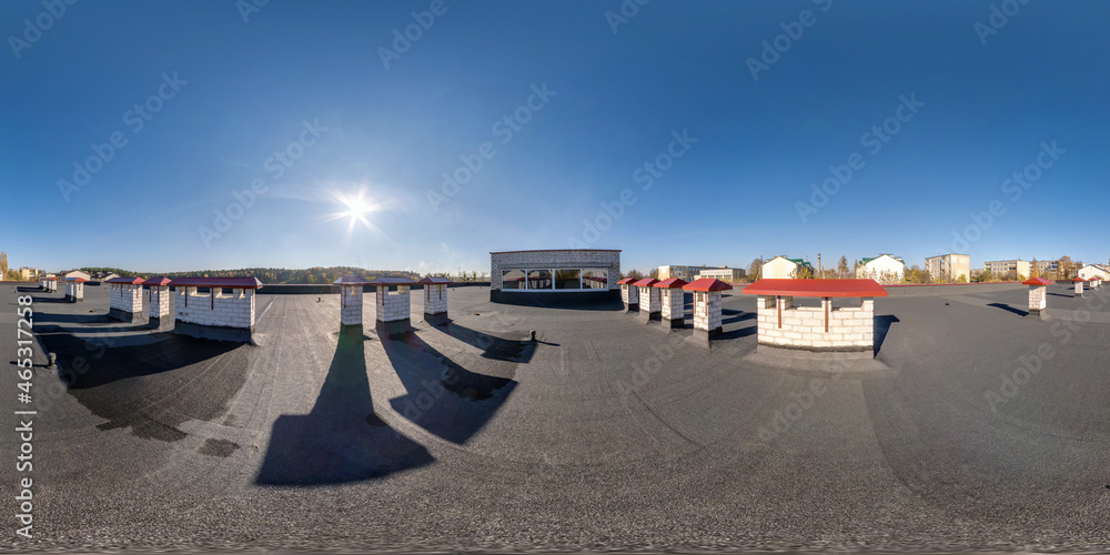 full seamless spherical hdri panorama 360 degrees on roof of building covered with roofing material and ventilation structures on a sunny day  in equirectangular projection. VR AR concept