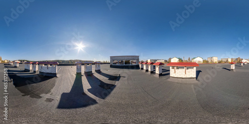 full seamless spherical hdri panorama 360 degrees on roof of building covered with roofing material and ventilation structures on a sunny day in equirectangular projection. VR AR concept