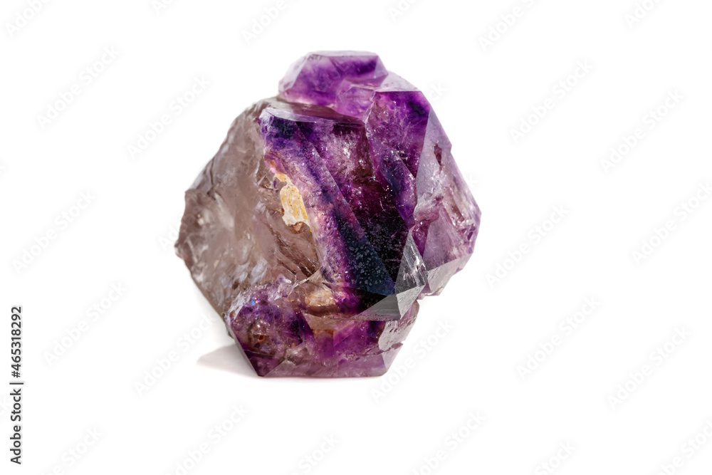 Macro Mineral Stone Amethyst together smoky quartz, rauchtopaz on a white background Macro Mineral Stone Amethyst together smoky quartz, rauchtopaz on a white background