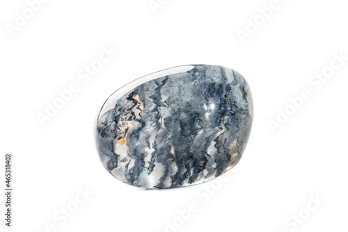 Macro mineral quartz stone with dumortierite on a white background