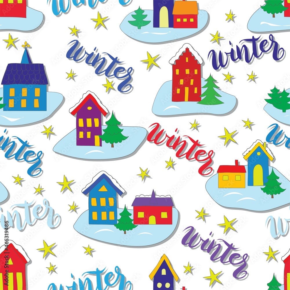Seamless winter background with stylized european houses. 