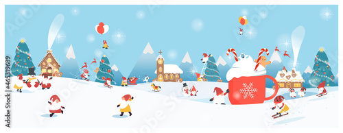Panoramic vector illustration of winter wonderland background.The cute Fantacy Christmas.Gingerbread,candy cane and hot chocolate with  gnome,bigfoot all around.Concept of happy cheerful Christmas. 