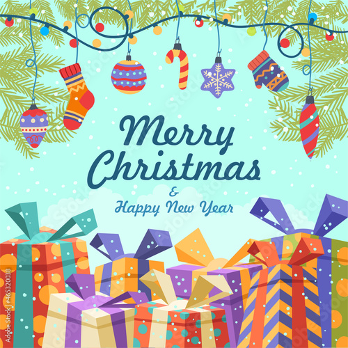 Festive vector illustration for Christmas and New Year greeting. Gift boxes under sparkling garland lights, hanging tree toys and fir twigs decoration. Square Xmas card, poster, banner, insta post