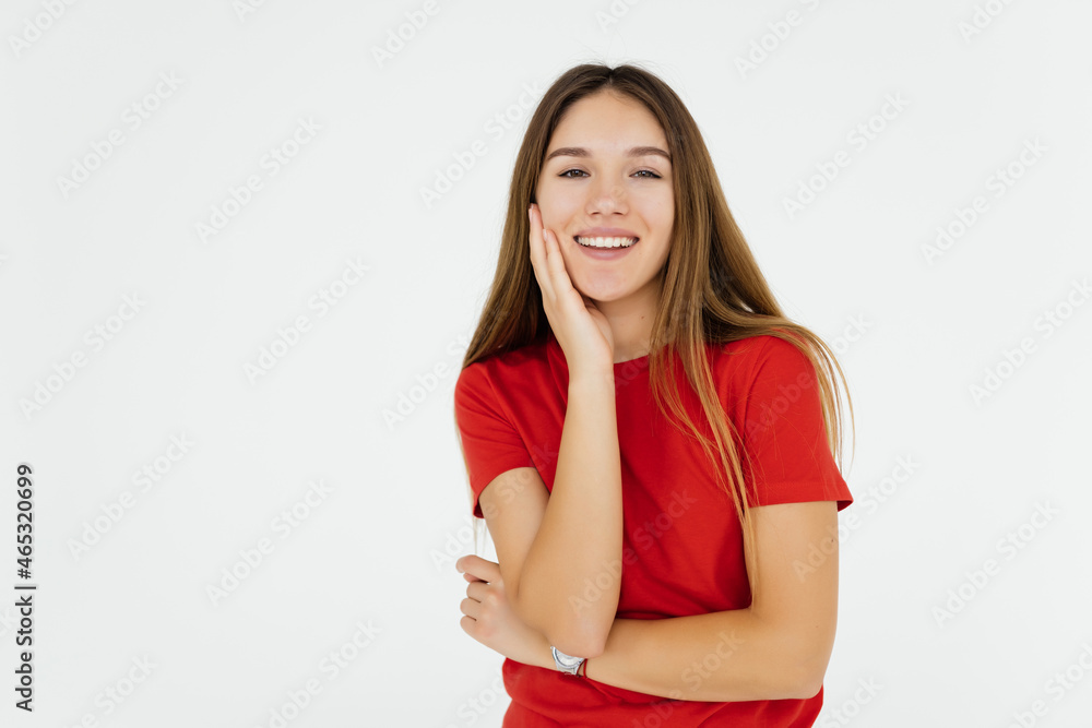Portrait of a pretty smiling woman posing on a white background Portrait of a pretty smiling woman posing on a white background