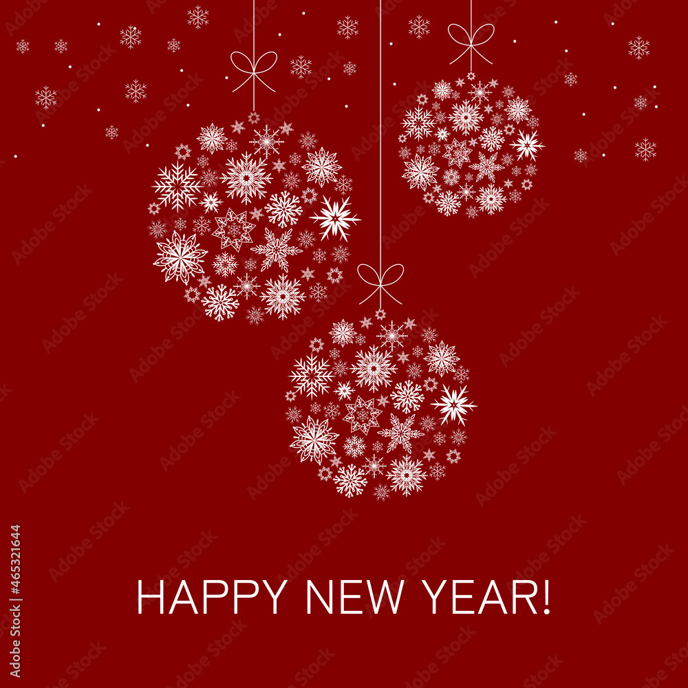 Baubles of white snowflakes on red background, New Year greeting card, vector design Baubles of white snowflakes on red background, New Year greeting card, vector design