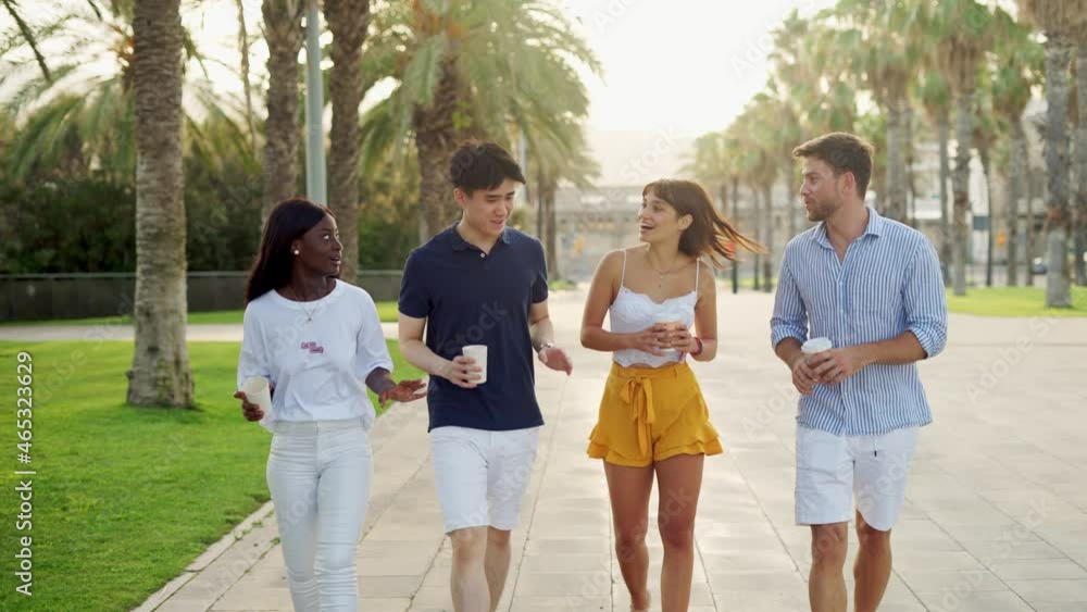 Happy diverse friends chatting while walking on sunny alley with palm trees with take away coffee Happy diverse friends chatting while walking on sunny alley with palm trees with take away coffee