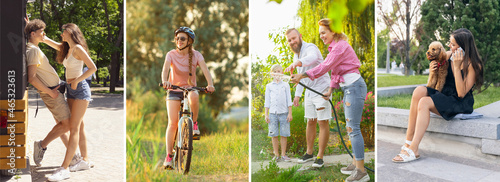 Composite image of photos of young men and women, family spending time together in summer time. Lifestyle, friendship, nature, love