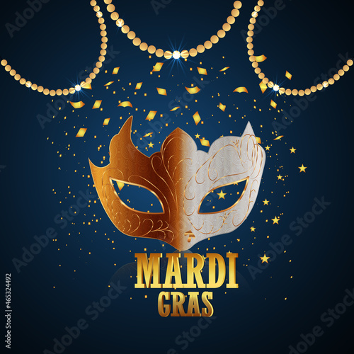 Carnival party greeting card with golden mask and feather